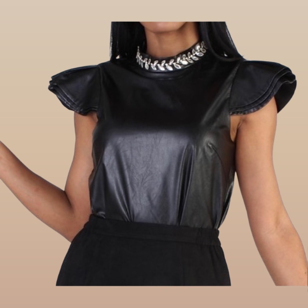 # A138 For Her NYC  Black Faux Leather Top   Embellished Collar  M  (NWT) - Picture 3 of 3